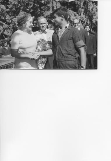 Frances Humphrey Howard, sister of U.S. V.P. Hubert Humphrey, as she is greeted by an AFS student, Dec., 1966