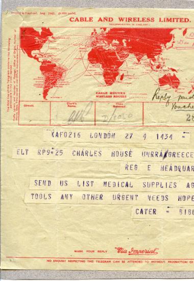 Τηλεγράφημα παράκλησης για κάλυψη αναγκών σε φάρμακα και γεωργικά εργαλεία, 1945