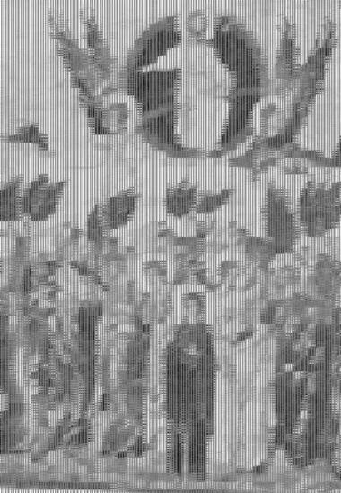 The Ascension, the Preparation of the throne and the Hospitality of Abraham (upper zone) and saints on medallions (on the margin)