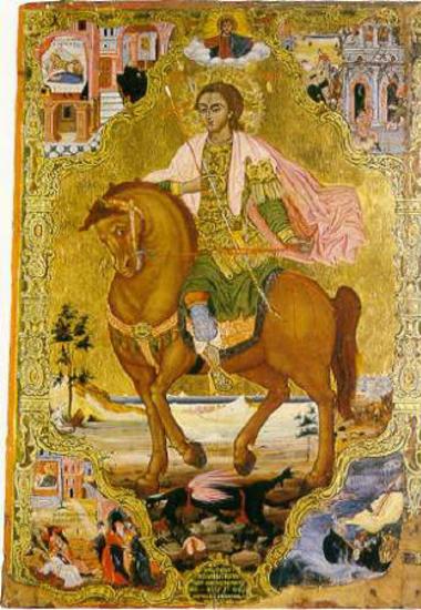 St Fanourios on horseback with life scenes
