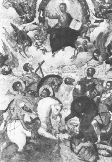Sts George, Demetrios and Theodore on horseback