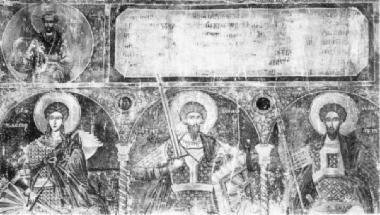 Full figure saints and dedicatory inscription
