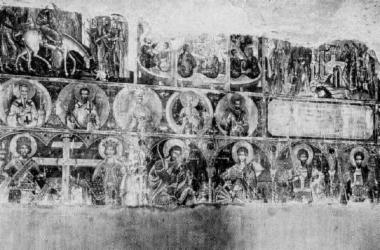 Βαϊοφόρος, Μυστικός Δείπνος, Σταύρωση (άνω), Άγιοι σε εγκόλπια (μέσον), Στρατιωτικοί άγιοι και άγιοι Κωνσταντίνος-Ελένη (κάτω)