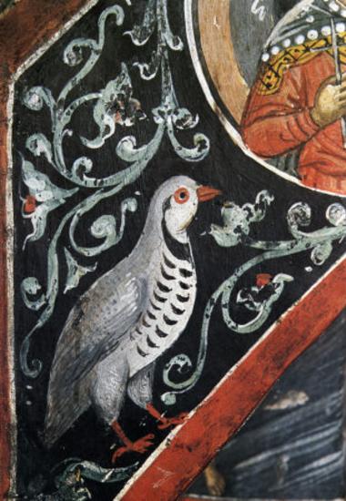 Decorative subject with a partridge among sprouts