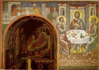 The Dinner at Emmaus. At the back the Nativity of the Virgin