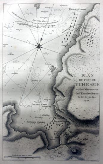 Κάτοψη του λιμανιού της Κρήνης (Τσεσμέ) και παρουσιάση των ελιγμών του ρωσικού στόλου κατά τη διάρκεια της ναυμαχίας της 7 Ιουλίου 1770.