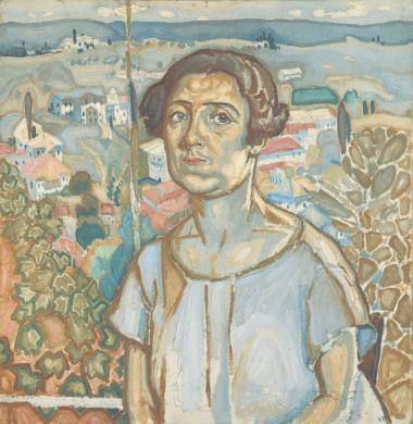 Portrait of Olga Papalouka with Karyes village in the background