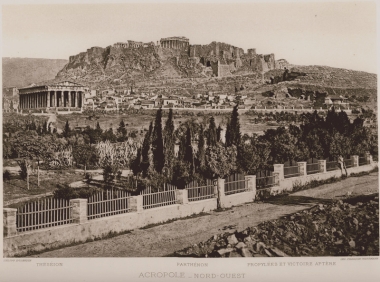Ο ναός του Ηφαίστου (Θησείο) στον χώρο της Αρχαίας Αγοράς και η Ακρόπολη από τα βορειοδυτικά.