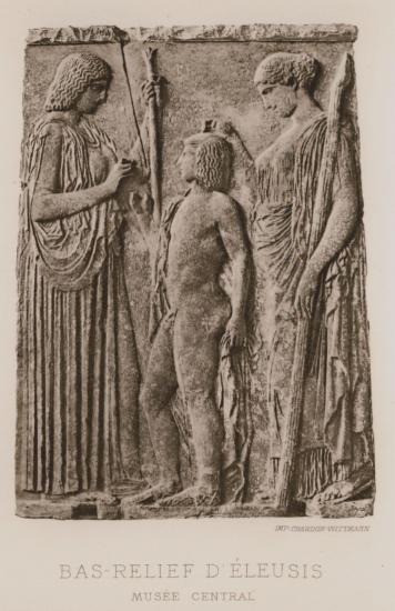 Ανάγλυφο της Ελευσίνας, με τη Δήμητρα, την Περσεφόνη και τον Τριπτόλεμο (Εθνικό Αρχαιολογικό Μουσείο, Αθήνα).