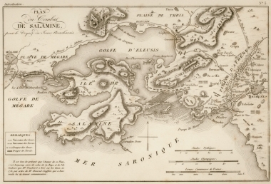 Χάρτης της Σαλαμίνας και των ακτών της Αττικής με τη θέση των πλοίων κατά τη ναυμαχία ανάμεσα στους Έλληνες και τους Πέρσες στα 480 π.Χ.