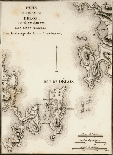 Χάρτης της Δήλου και τμήματος της Ρήνειας και της Μυκόνου.