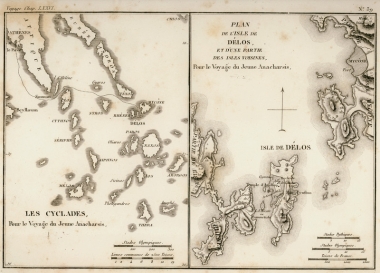 Χάρτης των Κυκλάδων. Χάρτης της Δήλου και μέρους της Ρήνειας και της Μυκόνου.