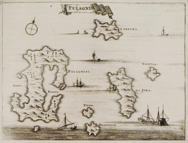 Χάρτης νησίδων στις Βόρειες Σποράδες: Κυρά Παναγιά, Γιούρα, Ψαθούρα, Πιπέρι και Πρασσόνησο.