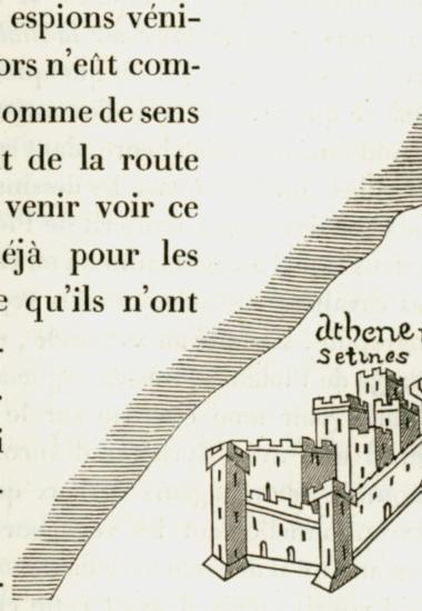 Σχέδιο, εντός κειμένου, των τειχών της Αθήνας με την επιγραφή «Athene nuc Setines”. Η Αθήνα στα 1466, από χειρόγραφο του Μπουοντελμόντι (Buondelmonti).