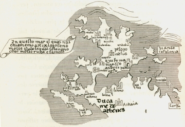 Χάρτης της Στερεάς Ελλάδος, της Εύβοιας, της Πελοποννήσου και των Ιονίων νήσων από τον παγκοσμιο χάρτη του Φρα Μάουρο (Fra Mauro), γύρω στα 1460.