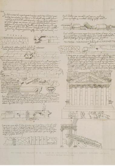 Σχέδια αρχιτεκτονικών μελών από διάφορα αρχαία μνημεία της Ελλάδας, μεταξύ των οποίων ο Παρθενώνας και το Αδριάνειο Υδραγωγείο. Από χειρόγραφο του Φραντσέσκο Τζιαμπέρτι (Francesco Giamberti).