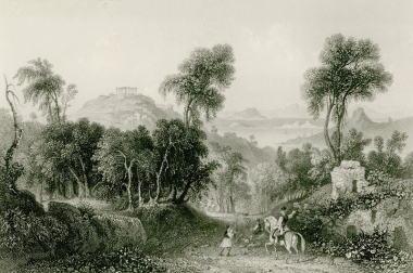 Τοπίο στο ακρωτήριο του Σουνίου. Διακρίνεται ο ναός του Ποσειδώνα.