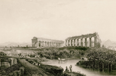 Οι αρχαίοι ναοί της Ποσειδωνίας. Στο πρώτο επίπεδο οι δύο ναοί της Ήρας. Στο βάθος διακρίνεται ο ναός της Αθηνάς.