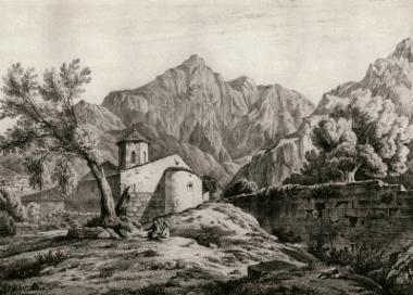 Οι Δελφοί πριν από τις ανασκαφές της Γαλλικής Αρχαιολογικής Σχολής. Διακρίνεται η εκκλησία του Προφήτη Ηλία και το χωριό Καστρί. Σχέδιο του Έντουαρντ Ντόντγουελ, στα 1805.
