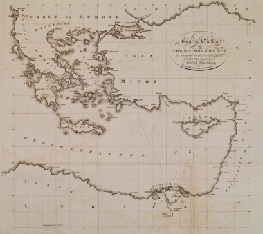 Χάρτης της Ελλάδας και της Ανατολικής Μεσογείου, στον οποίο σημειώνεται η διαδρομή του Έντουαρντ Κλάρκ.