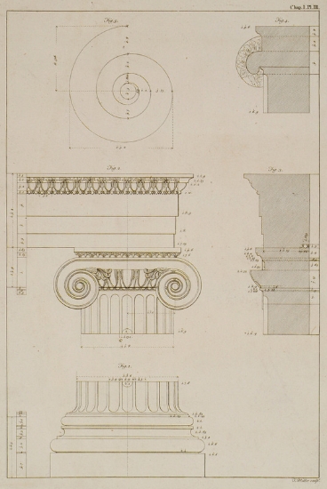 Όψεις και τομές κίονα, κιονοκράνου και θριγκού από τον ναό του Διονύσου στην Τέω (Μικρά Ασία).