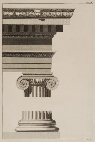 Απεικόνιση κιονοκράνου και βάσης κίονα από τον ναό του Διονύσου στην Τέω, με φανταστική απεικόνιση του θριγκού (Μικρά Ασία).