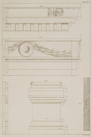 Ι: Γείσο του ναού του Διονύσου στην Τέω. ΙΙ, ΙΙΙ: Επιστύλιο και ζωφόρος που βρέθηκαν σε μουσουλμανικό νεκροταφείο στο Σιγατζίκ. IV: Βάθρο που βρέθηκε κοντά στη νότια πύλη του Σιγατζίκ (Μικρά Ασία).