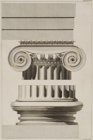 I: Βάση κίονα από τον ναό της Αθηνάς Πολιάδος στην Πριήνη. II: Κιονόκρανο και επιστύλιο από τον ναό της Αθηνάς Πολιάδος στην Πριήνη (Μικρά Ασία).