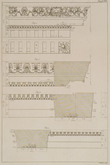 Απεικονίσεις και τομές του γείσου, του αετώματος, του επιστυλίου και δοκού του ναού της Αθηνάς Πολιάδος στην Πριήνη (Μικρά Ασία).