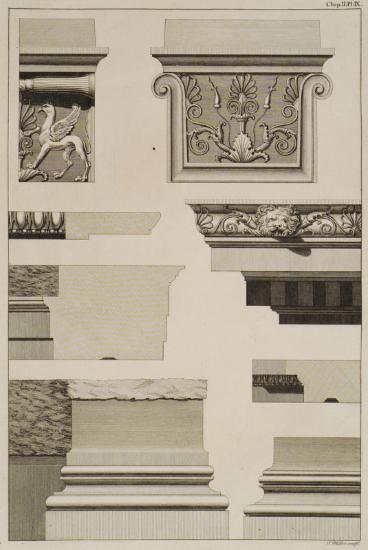 Απεικόνιση βάσης κίονα, κιονοκράνου, έλικα, κυματίου, γείσου, επιστυλίου και άλλων στοιχείων από τον κυρίως ναό και το περιστύλιο του ναού της Αθηνάς Πολιάδος στην Πριήνη (Μικρά Ασία).