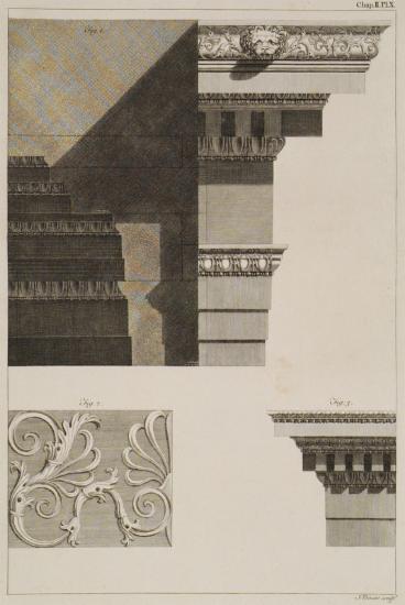 Φανταστική απεικόνιση και τομή του θριγκού του ναού της Αθηνάς Πολιάδος στην Πριήνη (Μικρά Ασία). Ο διάκοσμος της σίμης. Επιστύλιο και γείσο με βάση τις μετρήσεις του Wood.