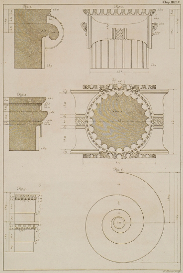 Πλάγια όψη, άνοψη και τομές κιονοκράνου από τον ναό του Απόλλωνα στα Δίδυμα (Μικρά Ασία). Επιστύλιο του σηκού με τη ζωφόρο. Περίγραμμα του έλικα.