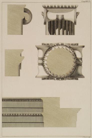 Πλάγια όψη, άνοψη και τομές κιονοκράνου από τον ναό του Απόλλωνα στα Δίδυμα (Μικρά Ασία). Επιστύλιο του σηκού με τη ζωφόρο.