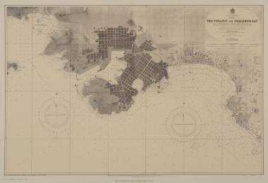Χάρτης του Πειραιά και της ευρύτερης περιοχής, από το Πέραμα έως το Παλαιό Φάληρο. Από έκδοση του Βρετανικού Πολεμικού Ναυτικού, 1929.