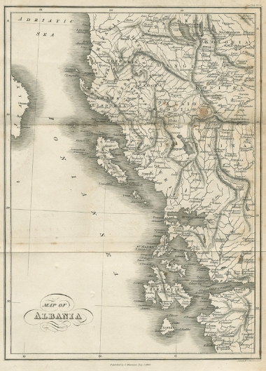 Χάρτης της Αλβανίας με τμήμα της Ηπείρου και των Ιονίων Νήσων.
