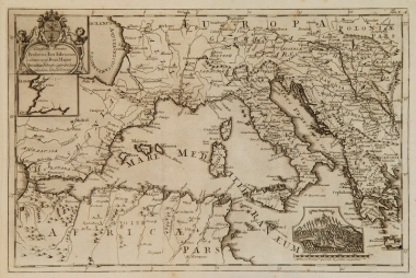 Χάρτης της Δυτικής Μεσογείου. Στην ένθετη παράσταση κάτω δεξιά απεικονίζεται το Όρος Μονσεράτ (Μοntserrat) με τη Μονή της Παναγίας, στην Καταλωνία.