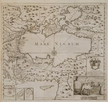 Χάρτης του Ευξείνου Πόντου (Μαύρη Θάλασσα). Κάτω δεξιά απεικονίζεται ένας βοσκός να ταΐζει τις καμήλες του.