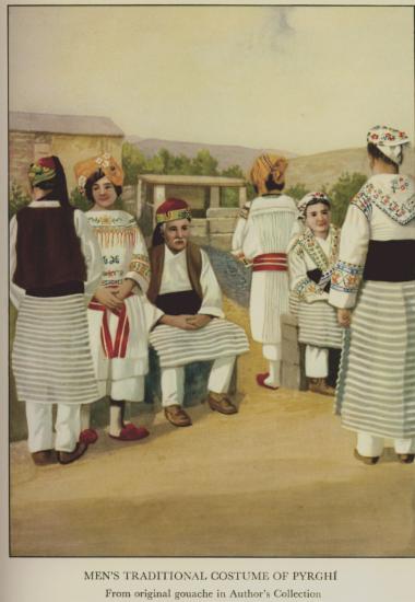 Παραδοσιακές ανδρικές και γυναικείες ενδυμασίες από το Πυργί Χίου. Από τη συλλογή του συγγραφέα.