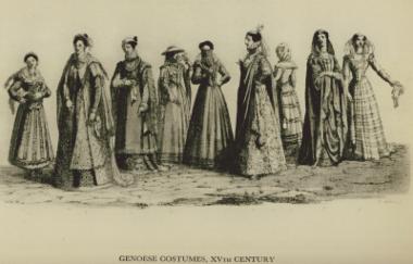 Γυναικείες ενδυμασίες της Γένοβας, 15ος αιώνας. Από την έκδοση: Giulio Ferrario, Le Costume Ancien et Moderne de tous les Peuples, Μιλάνο, 1825.
