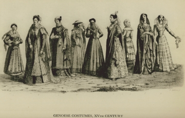 Γυναικείες ενδυμασίες της Γένοβας, 15ος αιώνας. Από την έκδοση: Giulio Ferrario, Le Costume Ancien et Moderne de tous les Peuples, Μιλάνο, 1825.