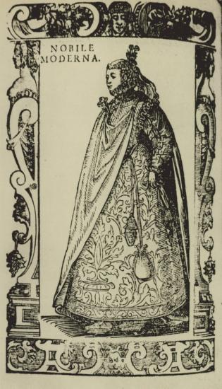 Ενδυμασία ευγενούς Ιταλίδας γυναίκας, 1590. Από την έκδοση: Cesare Vecellio, Degli Habiti Antichi, e Moderni di Diverse Parti del Mondo, Βενετία 1590.