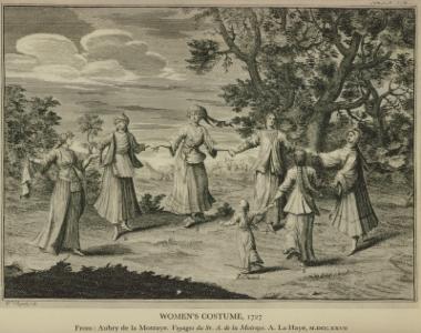 Γυναικείες ενδυμασίες, 1727. Από την έκδοση: Aubry de la Mottraye, Voyages... , Χάγη 1727.