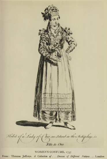 Γυναικεία ενδυμασία από τη Χίο, 1757. Από την έκδοση: A Collection of the Dresses of different Nations, Ancient and Modern, Λονδίνο 1757.
