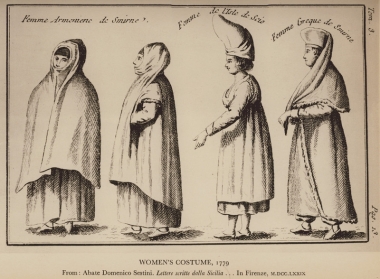 Γυναικείες ενδυμασίες, 1779. Από την έκδοση: Domenico Sestini, Lettere del Signor Abate Domenico Sestini scritte dalla Sicilia e dalla Turchia a diversi suoi amici n Toscania, Φλωρεντία, 1779.