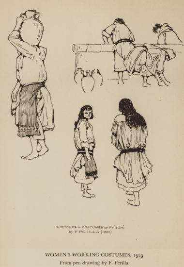 Γυναίκες με ενδυμασίες της δουλειάς από το Πυργί Χίου. Σχέδιο του F. Perilla.