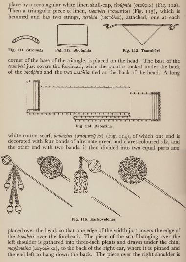 Στρουγκί, σκούφια, τσεμπέρι, μπαμπαζίνα και καρκοβελόνες για τα καλύμματα κεφαλής στις γυναικείες φορεσιές. Από τα Μεστά της Χίου.
