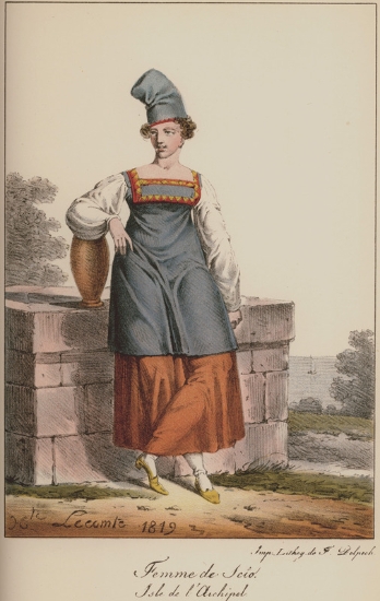 Γυναικεία ενδυμασία από τη Χίο, 1819. Υδατογραφία από τη συλλογή του συγγραφέα.