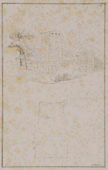 Όψη και κάτοψη του φρουρίου των Αιγοσθένων (Πόρτο Γερμενό) στον Κορινθιακό κόλπο.