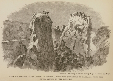 Άποψη του Μεγάλου Μετεώρου από τη Μονή Βαρλαάμ, με τον Πηνειό ποταμό στο βάθος.