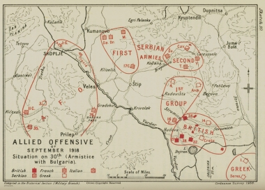 Η γραμμή του μετώπου στις 30 Σεπτεμβρίου 1918, ημέρα που υπογράφηκε η ανακωχή.